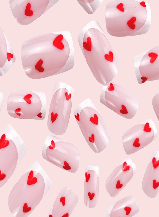 GRITOSE 24Pcs Valentines Press on Nails Short Square Fake Nails with Red Heart Designs French Tip False Nails Valentines Day Heart Nail Artificial Nails Press ons Pink Full Cover Stick on Nail for Women - Image 2